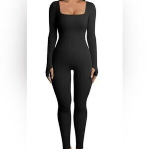 Women’s Black Long Sleeve Bodysuit, Square Neck. One Piece Ribbed - XS